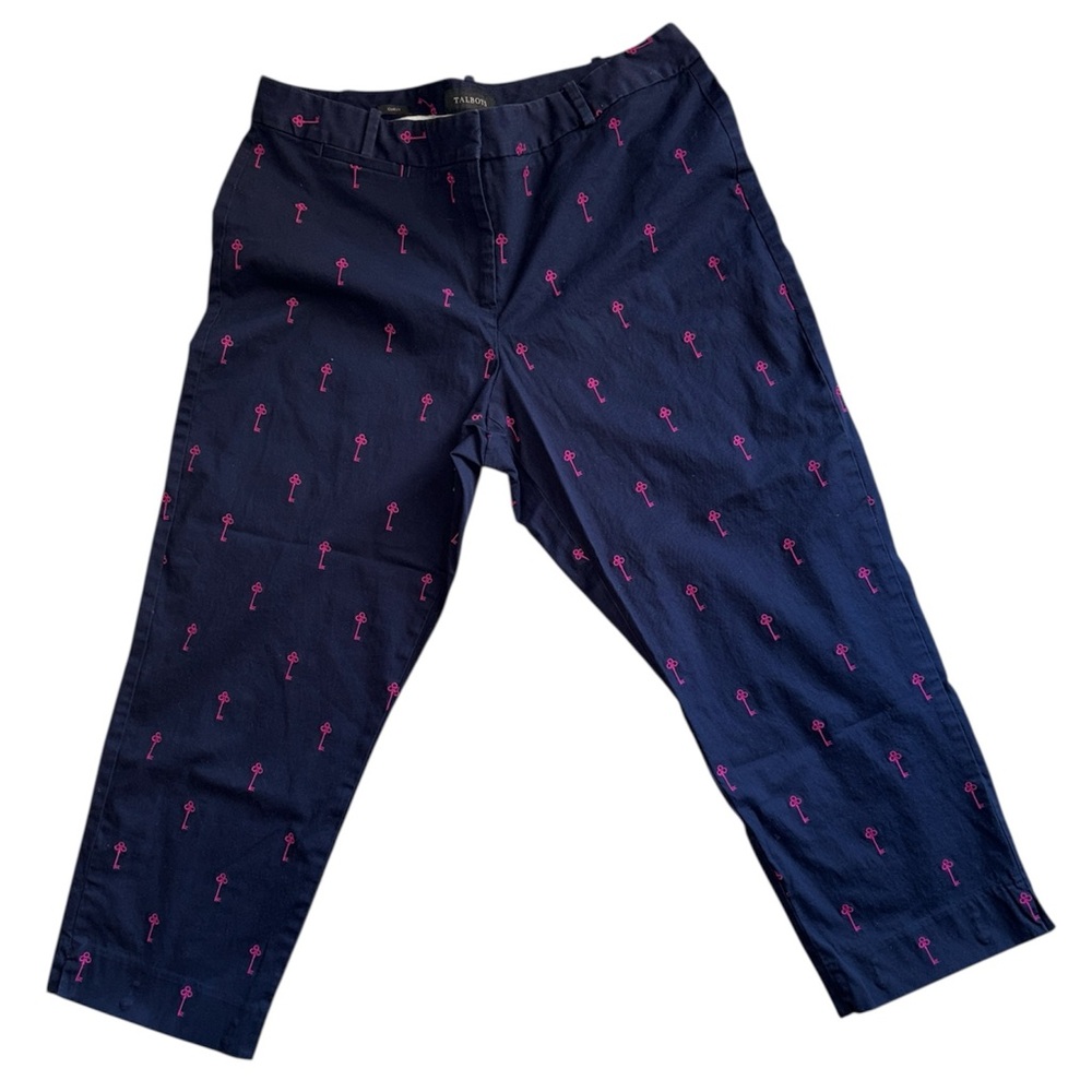 Talbots‎ Curvy Size 14 Navy Pink Key Embroidered Cropped Pants Cotton EUC